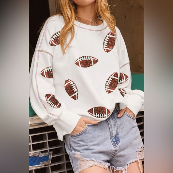 Sequin Football Round Neck Long Sleeve Sweatshirt